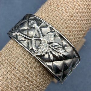 Hinged Cuff Bracelet Silver Leaves Flower Quilted Antiqued Retro BoHo Soft Girl